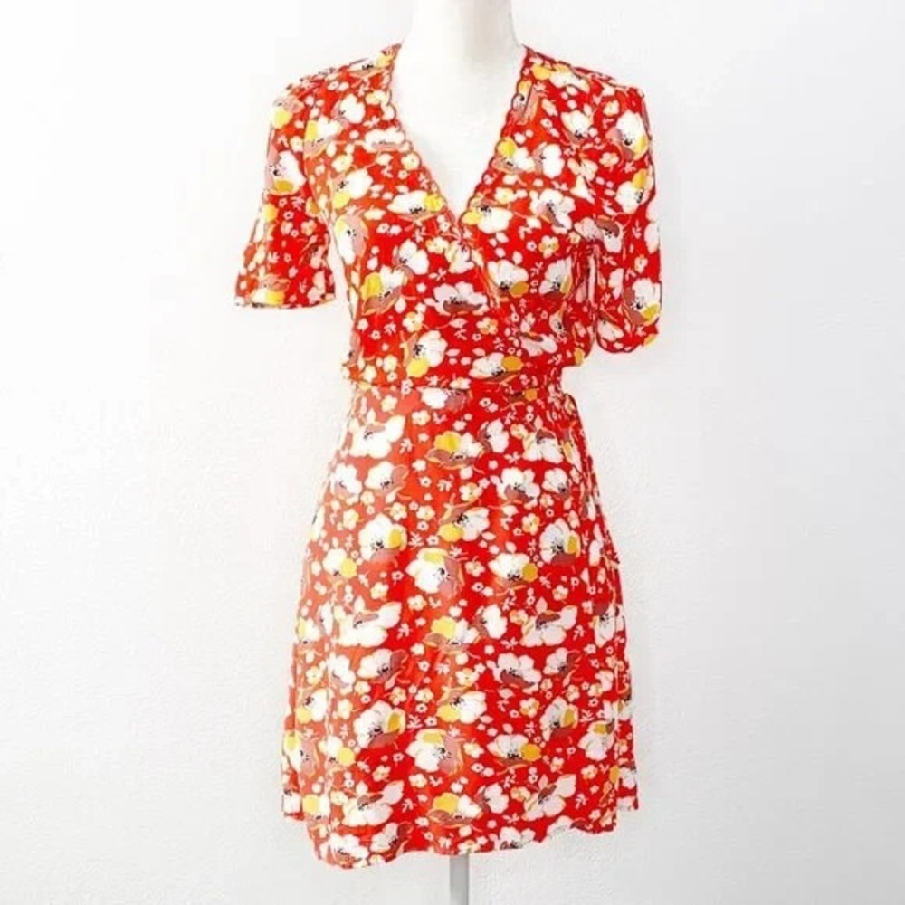 & Other Stories Printed Scallop Wrap Mini Dress Women's‎ Size 2 Red Floral Ditsy